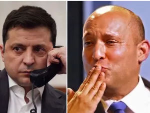 الرئيس الأوكراني فلاديمير زيلينسكي (يسار) ورئيس الوزراء الإسرائيلي نفتالي بينيت