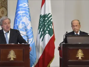 غوتيريش خلال مؤتمر صحفي مشترك في العاصمة بيروت، مع الرئيس اللبناني ميشال عون