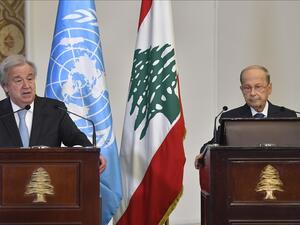 غوتيريش خلال مؤتمر صحفي مشترك في العاصمة بيروت، مع الرئيس اللبناني ميشال عون