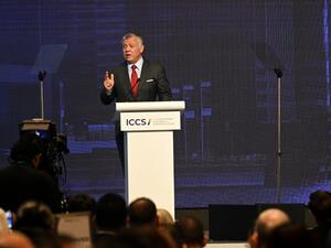 Jordan’s King Abdullah speaks at the International Conference on Cohesive Societies (ICCS) in Singapore on June 20, 2019.  Roslan RAHMAN / AFP