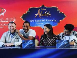 Actor Will Smith, second right, director Guy Ritchie, left, and cast members Naomi Scott, second right, and Mena Massoud, give a news conference for the regional launching of Disney's live-action "Aladdin," in the Jordanian capital Amman (Twitter)