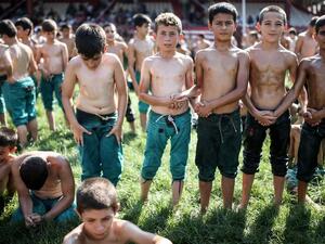 Young wrestlers wait for their match during the 657th annual Kirkpinar Oil Wrestling festival (Twitter)