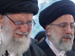Supreme Leader Ayatollah Ali Khamenei (L) weeps over the coffin of General Qasem Soleimani, Tehran University Campus, Monday 5th Jan (Video Composite) 