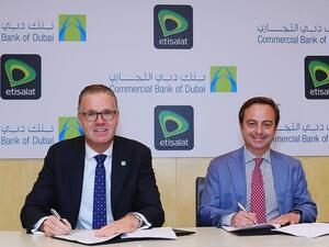 Dr. Bernd van Linder, Chief Executive Officer of Commercial Bank of Dubai, and Antonio Ricciardi, SVP, Consumer Intelligence and Engagement, Etisalat, at the signing ceremony held at the CBD headquarters in Dubai. 