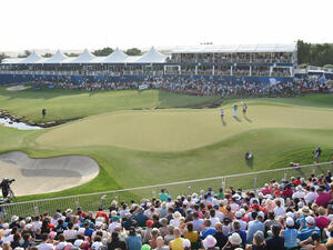 View of 18th green from the Grandstand on the Earth course