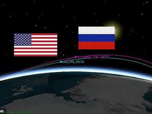 The blue line (US satellite) and the purple line (Russian satellite) as the latter moves to within a relatively short distance between the two. (Michael Thompson/ Twitter)
