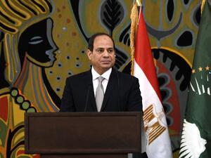 Egypt's President and current Chairperson of the African Union, Abdel Fattah al-Sisi, takes part in a joint press conference with Senegalese President at the Presidential Palace in Dakar for an official visit on April 12, 2019.  SEYLLOU / AFP