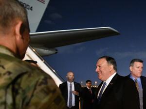 US Secretary of State Mike Pompeo (2nd R) smiles upon arrival at Baghdad International Airport in Baghdad on May 7, 2019. (AFP/ File)