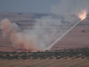 This picture taken on October 15, 2019 shows a missile fired by Turkish forces towards the Syrian town of Ras al-Ain, from the Turkish side of the border at Ceylanpinar district in Sanliurfa on the first week of Turkey's military operation against Kurdish forces. (AFP/ File Photo)