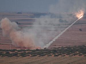 This picture taken on October 15, 2019 shows a missile fired by Turkish forces towards the Syrian town of Ras al-Ain, from the Turkish side of the border at Ceylanpinar district in Sanliurfa on the first week of Turkey's military operation against Kurdish forces. (AFP/ File Photo)
