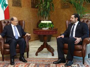 Lebanese President Michel Aoun (left) meets with his new Prime Minister Saad Hariri at the presidential palace in Baabda, east of Beirut on November 3, 2016 (AFP /HO)