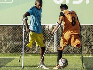 Palestinian amputee football players train at the municipal stadium in Gaza's Deir El-Balah on July 9, 2018. (AFP)