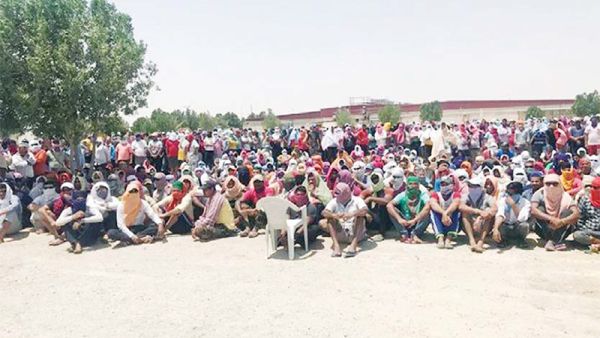The Asian workers sitting in the open in protest against not receiving salaries for many months.