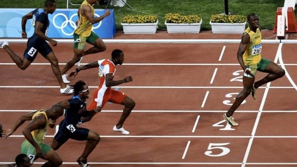 In the picture, Bolt, who holds the record of 9.58 seconds at the World Championships in Berlin in 2009, is seen at the finish line