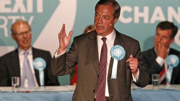 Brexit Party leader Nigel Farage speaks at a European Parliament election campaign rally at Frimley Green, south west of London on May 19, 2019. (Adrian DENNIS / AFP)