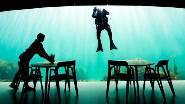 A worker prepares dining tables as a diver cleans a viewing window of Under, a restaurant that is semi-submerged beneath the water of the North Sea in Lindesnes, some 400 km southwest of Oslo, Norway. (AFP)