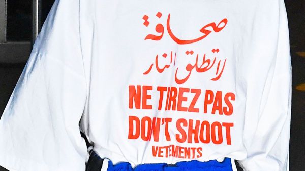 French label Vetements has come under fire online for featuring a T-shirt that read “Don’t shoot” in Arabic, French and English. (Twitter)