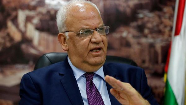 Saeb Erekat, secretary general of the Palestine Liberation Organisation, speaks to journalists in the West Bank city of Ramallah. (AFP/File Photo)