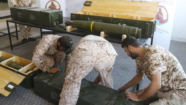 Libyan Government of National Accord (GNA) displaying Chinese-made shells bearing the markings of the United Arab Emirates (left side on the box), which were reportedly seized from forces loyal to General Khalifa Haftar in Gharyan. (AFP/ File Photo)