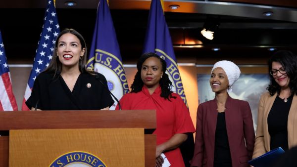 U.S. Rep. Alexandria Ocasio-Cortez (D-NY) speaks as Reps. Ayanna Pressley (D-MA), Ilhan Omar (D-MN), and Rashida Tlaib (D-MI) listen during a press conference at the U.S. Capitol on July 15, 2019 in Washington. (AFP/ File Photo)