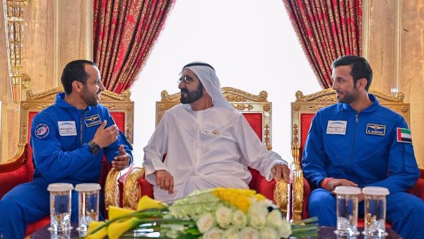 HRH Sheikh Zayed With Hazza Al Mansoori and Sultan Al Neyadi, the Arab world’s first astronauts to the International Space Station. (Twitter/@HHShkMohd)