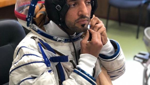 Hazzaa AlMansoori and Sultan AlNeyadi undergoing a fit check of their #Sokol space suits and the Soyuz seat liner at the Zvezda facility in Moscow.(@mbrspacecentre/Twitter)