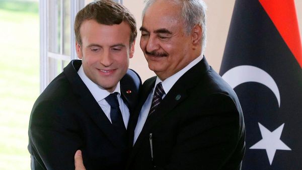 President Emmanuel Macron and Field Marshal Khalifa Haftar, together in 2017. (Jacques Demarthon / AFP)