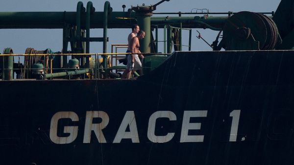 Crew members of Iranian supertanker Grace 1 walk on board off the coast of Gibraltar on August 15, 2019. (AFP/ File Photo)