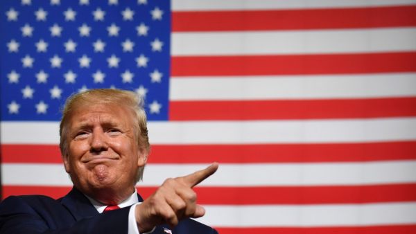 US President Donald Trump speaks during a "Keep America Great" campaign rally at the SNHU Arena in Manchester, New Hampshire, on August 15, 2019. (Nicholas Kamm / AFP)