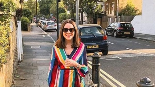 Many of Olivia's pieces can be found on the high street, including this dress her boyfriend said he hates as it reminds him of 'a technicolour dreamcoat'. (Instagram)