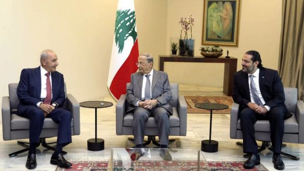 Lebanese President Michel Aoun, center, meets with Prime Minister Saad Hariri, right, and Parliament Speaker Nabih Berri, left, at the Presidential Palace in Baabda (Twitter)