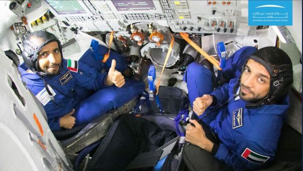 Hazza Al Mansouri and Sultan Al Neyadi undergo simulation training in the Russian Soyuz spacecraft that will take them to the International Space Station next year. (Courtesy Mohammed bin Rashid Space Centre)