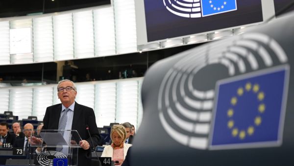 European Commission President Jean-Claude Juncker gestures as he speaks during a debate on Brexit at the European Parliament in Strasbourg, northeastern France on September 18, 2019. (FREDERICK FLORIN / AFP)