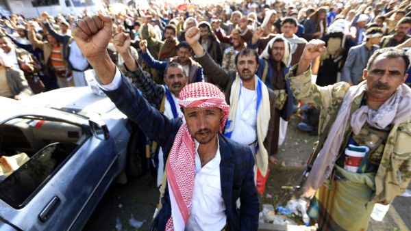 Yemeni supporters of the Shiite Huthi movement take part in a rally to commemorate the fifth anniversary of the Huthi takeover of the capital Sanaa on September 21, 2019. (MOHAMMED HUWAIS / AFP)