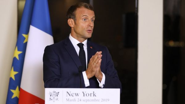 French President Emmanuel Macron speaks during a press conference after the 74th Session of the United Nations General Assembly at the French mission to the United Nations in New York, September 24, 2019. (Ludovic MARIN / AFP)