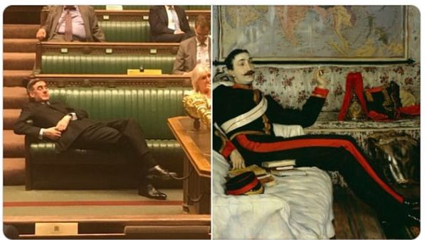 Jacob Rees-Mogg was seen relaxing in the Commons during the emergency Brexit debate today. (Twitter)