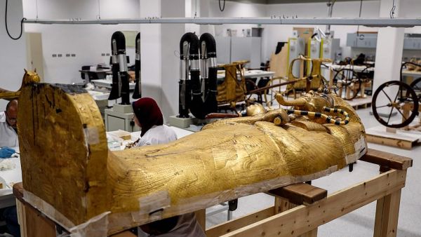 The sarcophagus, a box-like stone container, held three coffins for the body of the king. The outer coffins (pictured) were crafted in wood and covered in gold with the innermost coffin made of solid gold. (AFP/ File Photo)