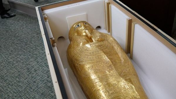 The ancient Egyptian gold coffin of a high-ranking priest that was stolen and sold to New York's Metropolitan Museum of Art. (Daily Mail)