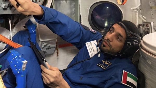 Hazzaa Al Mansoori inside the Russian Soyuz spacecraft during the simulation training at Yuri Gagarin Cosmonaut Training Center. (Twitter/ @MBRSpaceCentre)