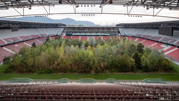 Swiss curator Klaus Littmann installed an entire forest, basically, into the home stadium of Austrian side Austria Klagenfurt (Twitter)