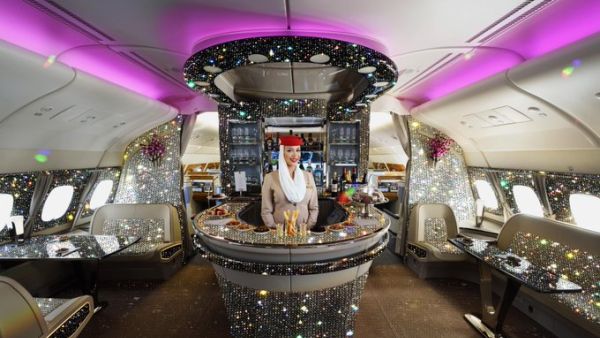 Dubai-based Emirates has shared a picture of its A380 'diamond' onboard lounge with fans on social media. (Twitter)