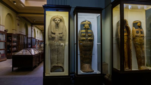 Ancient Egyptian sarcophagi and mummy caskets displayed in the Museum of Egyptian Antiquities. (Shutterstock/ File Photo)