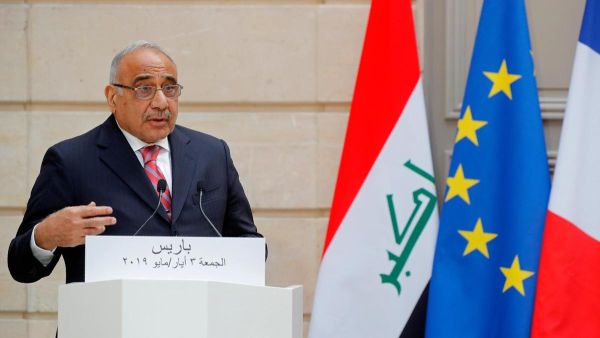 Iraq's Prime Minister Adel Abdul Mahdi speaks during a joint statement with French President at the Elysee Palace in Paris, on May 3, 2019. (AFP)