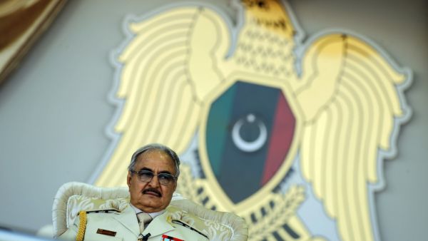 Libyan Strongman Khalifa Haftar attends a military parade in the eastern city of Benghazi, during which he announced a military offensive to take from "terrorists" the city of Derna, the only part of eastern Libya outside his forces' control. (AFP/ File Photo)
