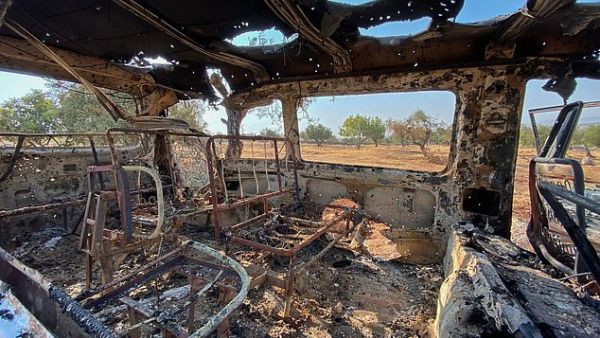 A picture taken on October 27, 2019 shows a burnt vehicle at the site where a helicopter gunfire reportedly killed nine people near the northwestern Syrian village of Barisha in the province of Idlib near the border with Turkey. (AFP/ File Photo)