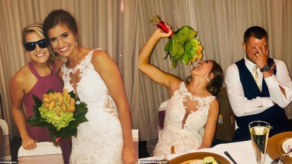 Maid of honor Jenna Spetz incorporated her cousin's love for nuggets into a surprise bespoke bouquet. Pictured: Bride Blair Hardy eating the gift next to her husband Adam Tyson. (Jenna Spetz/ Instagram)