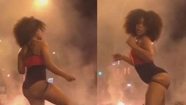 Sandra Kisterna has caused outrage after she filmed herself twerking on a burning Barcelona street as a 'form of [her] protest' during the Catalan unrest. (@Sandra.Kisterna)