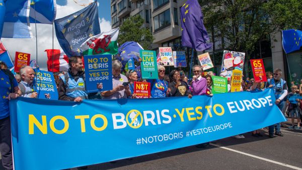 Pro European Union supporters with the lead banner at the anti-Brexit March for Change demonstration, to push the government to revoke Article 50 and stop the Brexit mess. (Shutterstock/ File Photo)
