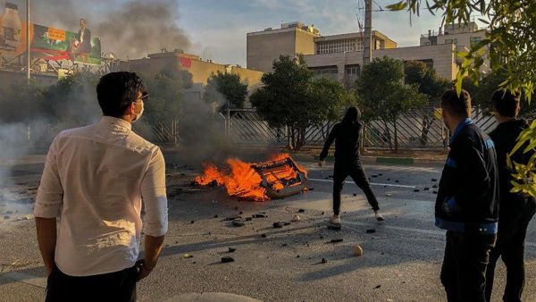 Iranian protesters block a road during a demonstration against an increase in gasoline prices in the central city of Shiraz on November 16, 2019. One person was killed and others injured in protests across Iran. (AFP)