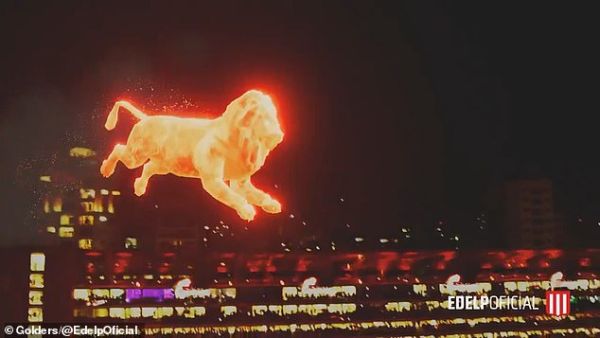 The lion is seen jumping onto the pitch as patches of turf erupt into 'flames' where the lion's feet touched the grass. (Daily Mail/ Golders/ Ede lpOfficial)